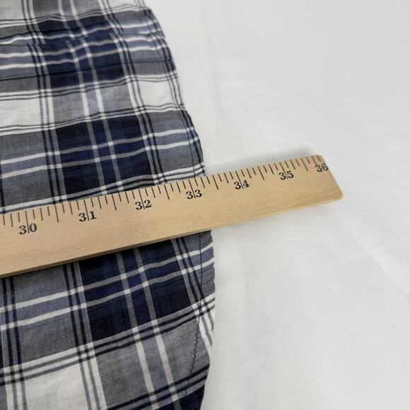 J McLaughlin Shirt Womens Large Navy Blue White Plaid Tunic Band Collar Pockets - Picture 8 of 8